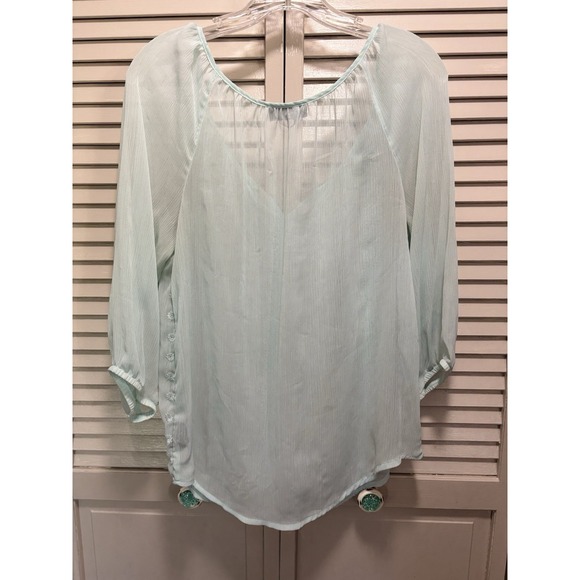 AB Studio Chiffon Green Long Sleeve Embroidered Scoop Blouse Size M Elastic Cuff - Picture 5 of 7